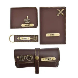 VINIT Personalized Brown Leather Travel Accessories Set (4 Pieces)