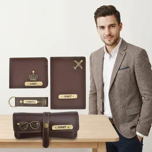 VINIT Personalized Brown Leather Travel Accessories Set (4 Pieces)