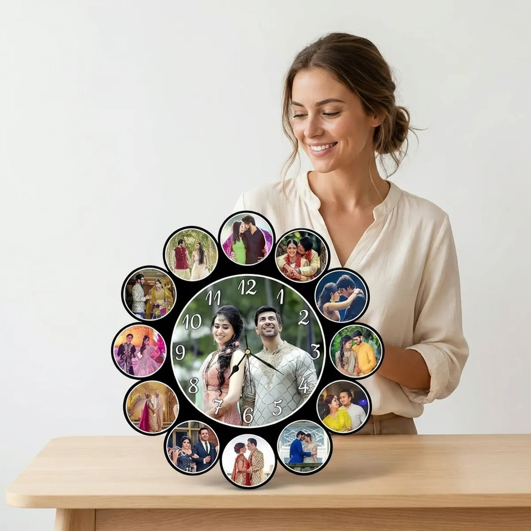 Personalized Photo Collage Wall Clock  12 Inch Custom Picture Frame Clock With 12 Photo Slots