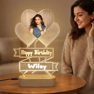 Wifey Happy Birthday LED Photo Frame - Personalized Illuminated Gift with Heart Design