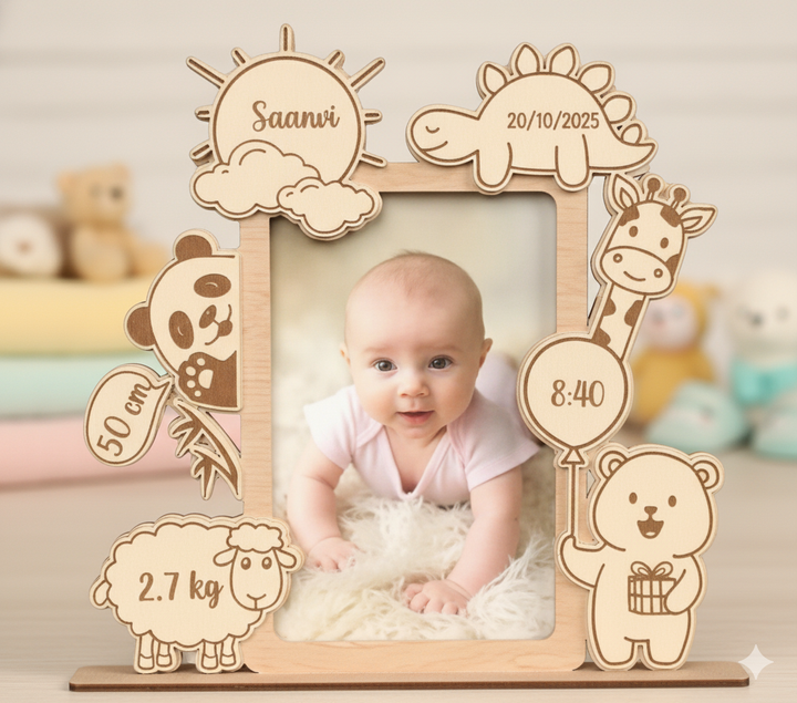 Personalized Baby Photo Frame with Birth Details - Wooden Engraved Nursery Decor