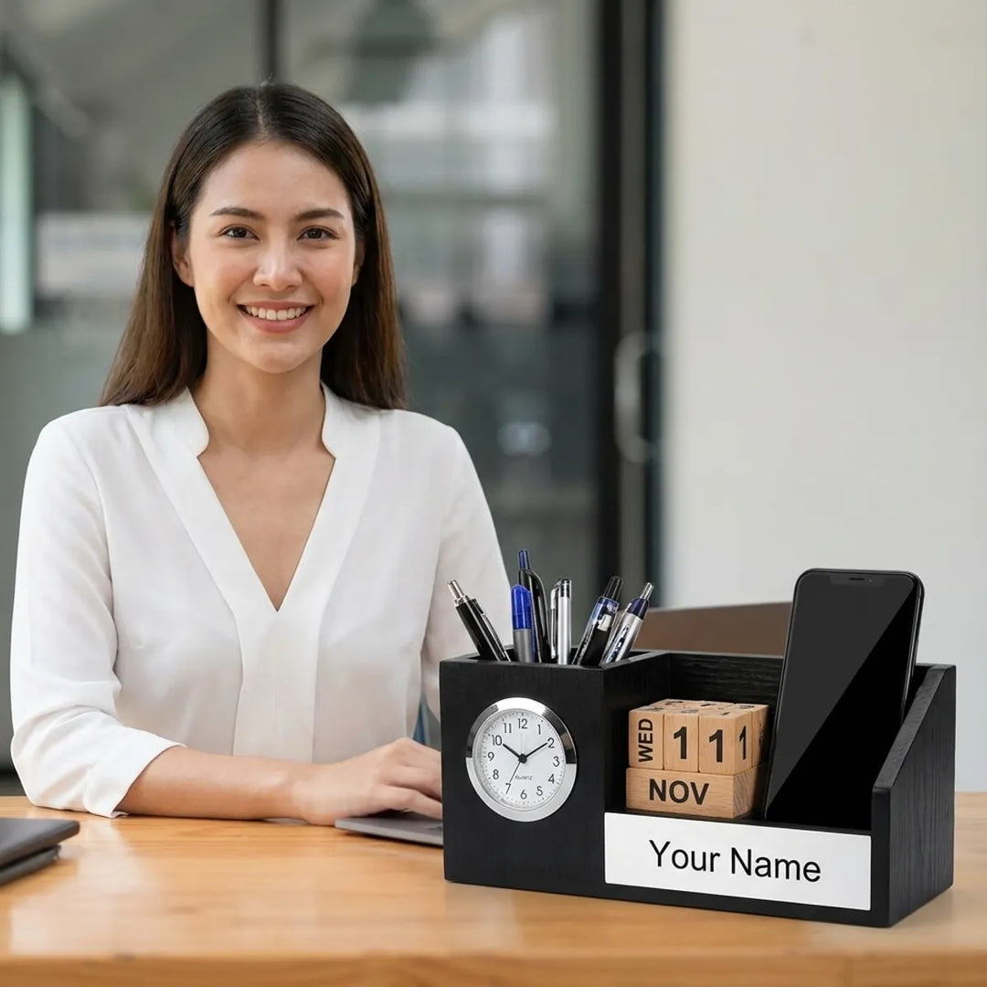 Personalized Desk Organizer With Pen Holder Phone Stand Calendar And Clock