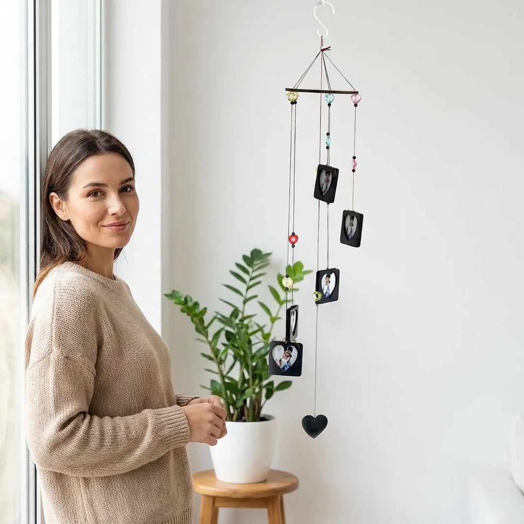 Hanging Wind Chime With Black Photo Frames And Heart Pendant