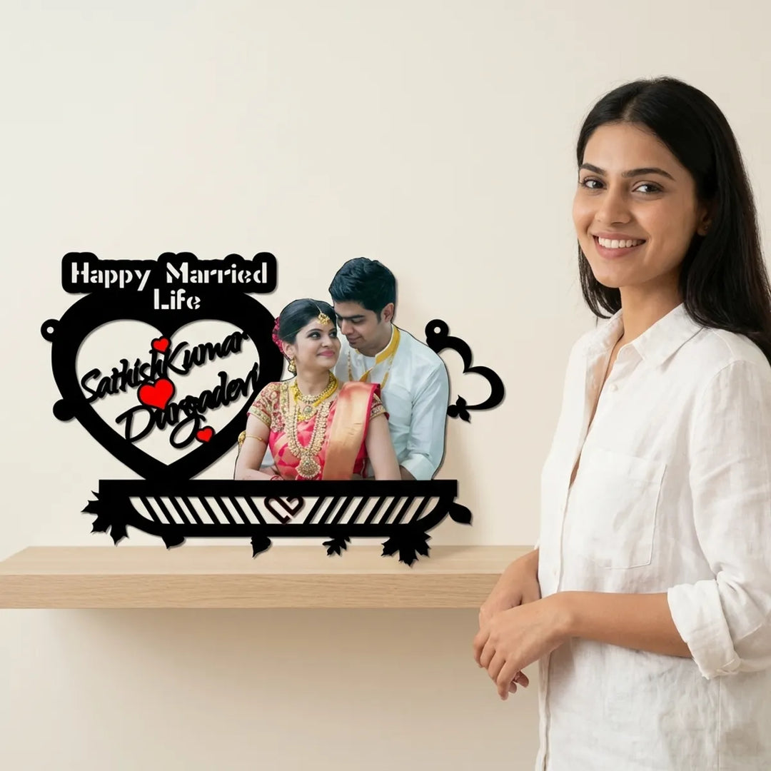 Personalized Happy Married Life Photo Frame Cutout With Names  Wedding Anniversary Decoration