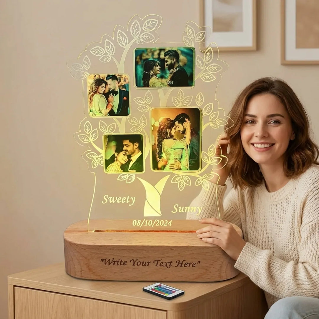 Personalized Led Family Tree Photo Frame With Remote Control  Customizable 4 Photo Display