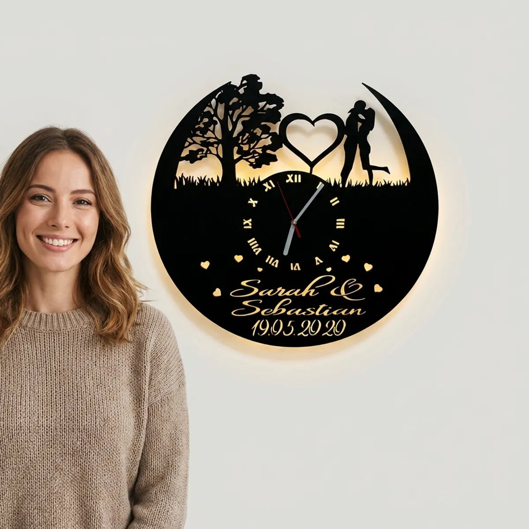 Personalized Romantic Couple Led Backlit Wall Clock  Sarah And Sebastian