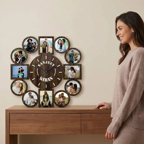 Personalized Wooden Photo Frame Wall Clock With 12 Picture Slots