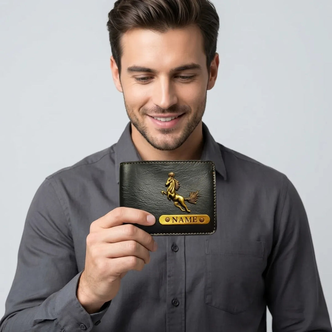 Personalized Black Leather Wallet With Golden Horse Emblem