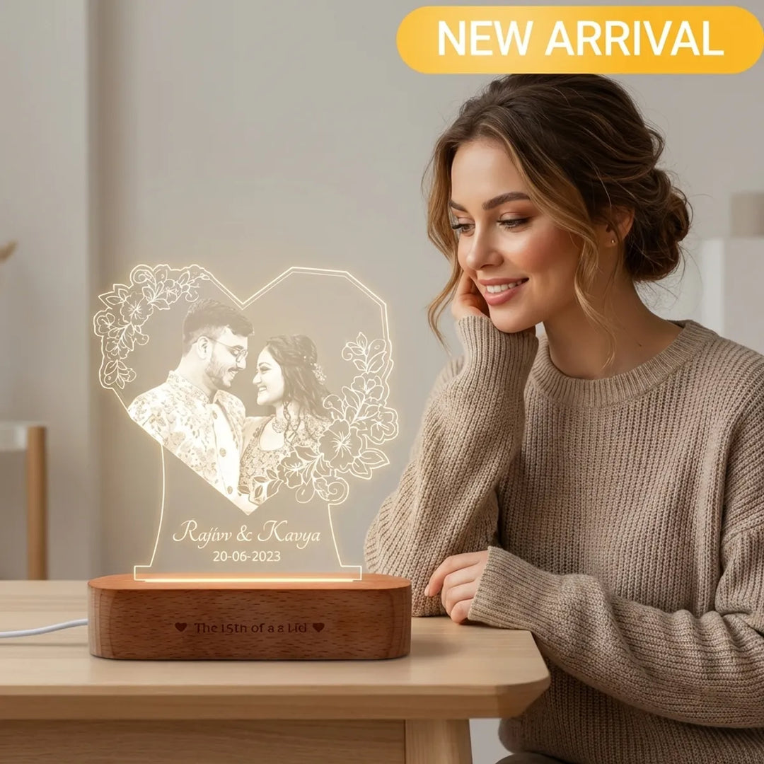Personalized Photo Engraved Heart Shaped Crystal Led Stand